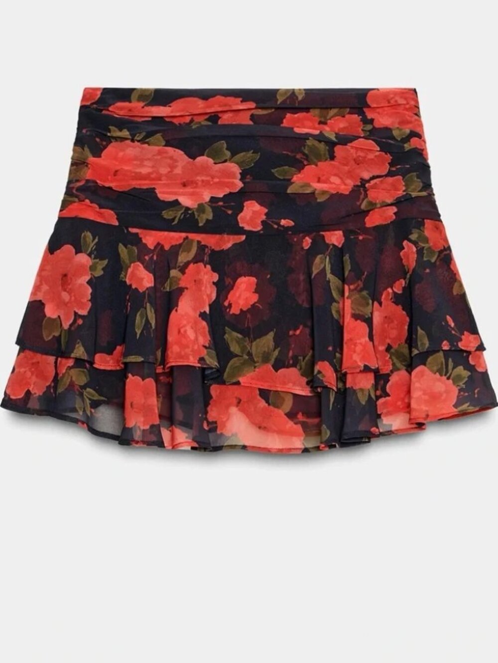 NWT Zara Black & Red Floral Mini Skort with Tiered Ruffle Detail